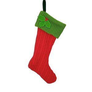 Red & Green Knit Christmas Stocking With Holly Berry Accent Cable Knit Pattern M